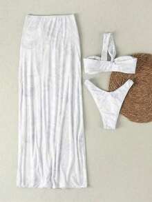 Conjunto de traje de baño de 3 piezas para mujer, con camiseta sin mangas de estilo casual y elegante con estampado de lunares en blanco y negro, bikini con tanga y volantes con lazo y abertura alta, esencial para la playa, vacaciones y fiestas - Blanco - Ver 3