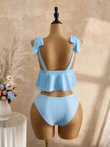 Mod Conjunto de traje de baño de 2 piezas para mujer con top corta de tirantes finos con estampado de cuadros y nudo delantero, y Bottom tipo bikini con cordón en la cintura, para verano - Azul - Ver 2