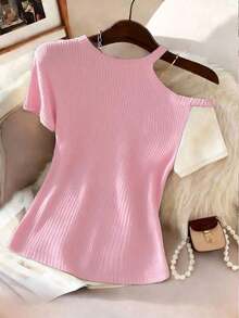 Camiseta casual de mujer con bloques de color y hombros descubiertos, para verano - Rosa Pálido - Ver 2