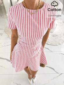 Vestido de fiesta elegante de mujer con cuello redondo a rayas y cintura ceñida - Rosa - Ver 6