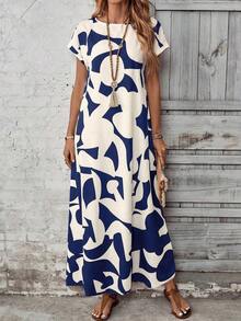 Vestido casual de mujer con estampado todo sobre, adecuado para vacaciones - Azul marino - Ver 3