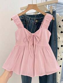 Blusa de estilo vintage para vacaciones con estampado de lunares, fruncida y con nudo delantero, para verano - Rosa - Ver 8