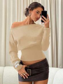 Jersey marrón de manga larga, cuello ajustado y hombros asimétricos descubiertos para mujer, para otoño/invierno - Albaricoque - Ver 9