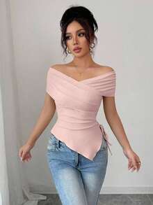 Camiseta de manga corta ajustada y hombros descubiertos para mujer, de estilo casual y apropiada para el día a día, para el verano - Rosa - Ver 6