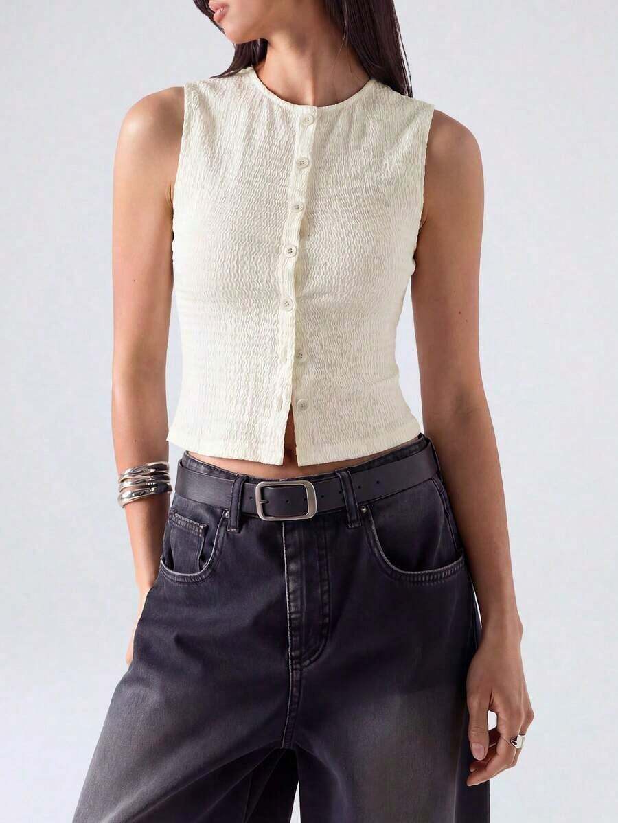 Blusa sin mangas casual con textura de un solo color y botones delanteros - Albaricoque - Ver 1