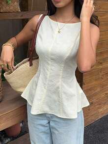 Blusa sin mangas con lazo y diseño a cuadros para vacaciones de mujer - Amarillo - Ver 3