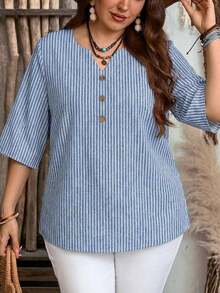 Camisa de mujer de estilo minimalista casual con microrayas azules, adecuada para primavera/verano, con vibra de resort - Multicolor 7 - Ver 3
