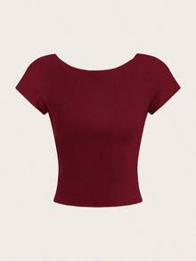 4 piezas Camisetas de mujer de unicolor casual, de cuello redondo, ajustadas y con espalda calada, adecuadas para el verano - Multicolor 3 - Ver 6