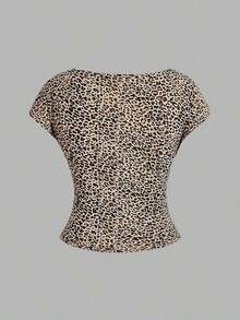 4 piezas Camisetas ajustadas de cuello redondo de unicolor con contraste, con espalda descubierta y calada, adecuadas para primavera/verano, carnaval, de manga corta, básicas, de mujer - Multicolor 4 - Ver 8