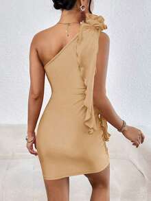 Vestido ajustado de un hombro ribete con fruncido fruncido lateral - Caqui - Ver 2