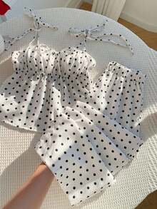 Conjunto de 2 piezas de top tipo camisola con hombros retorcidos y estampado de lunares, y pantalones de pierna ancha, para mujer, estilo casual de verano, retro y de playa - Blanco - Ver 8