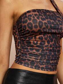Top de bandeau fruncida con estampado de leopardo y bufanda - Café integral 2 - Ver 7