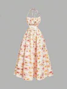 Vestido de verano con estampado floral elegante y lazo en la cintura para mujer - Amarillo 3 - Ver 8