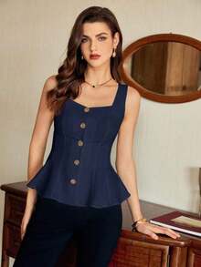 Blusa de mujer vintage, elegante y clásica, con cierre de botones metálicos con forma de flor, blusa sin mangas blanca, para primavera/verano - Azul marino - Ver 4