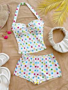 Conjunto Casual de 2 Piezas para Mujer: Top Halter a Rayas y Shorts para Vacaciones - Multicolor 5 - Ver 3