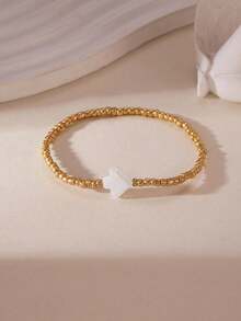 1pc Handmade Beaded Bracelet With Cross, Heart, Flower Elements, Elastic Cord, Minimalist Daily Wear Accessory For Women - Multicolor - View 12