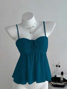 Camiseta de tirantes con volantes de unicolor lindo para damas, ropa de verano para la universidad - Agua verde azul - Ver 7