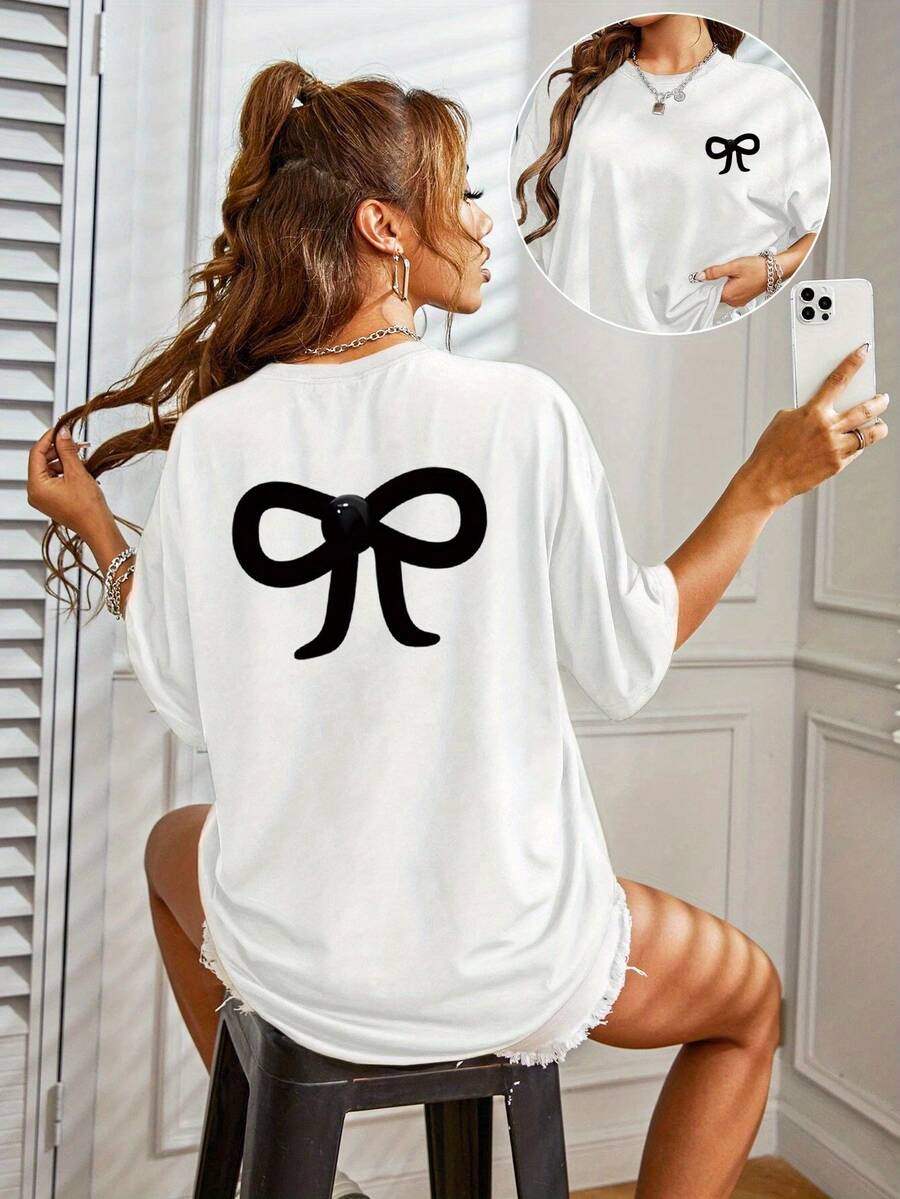 Camiseta Casual de Manga Corta para Mujer con Estampado de Mariposas - Corte Relajado, Cuello Redondo, Tela de Elasticidad Media, Comodidad para Todas las Temporadas, Silueta en H y Versátil para Atuendos Casuales, Camisetas para Damas, Ropa Cómoda, Cuello Redondo Elegante, Material No Transparente, Camiseta Y2k - Blanco - Ver 1