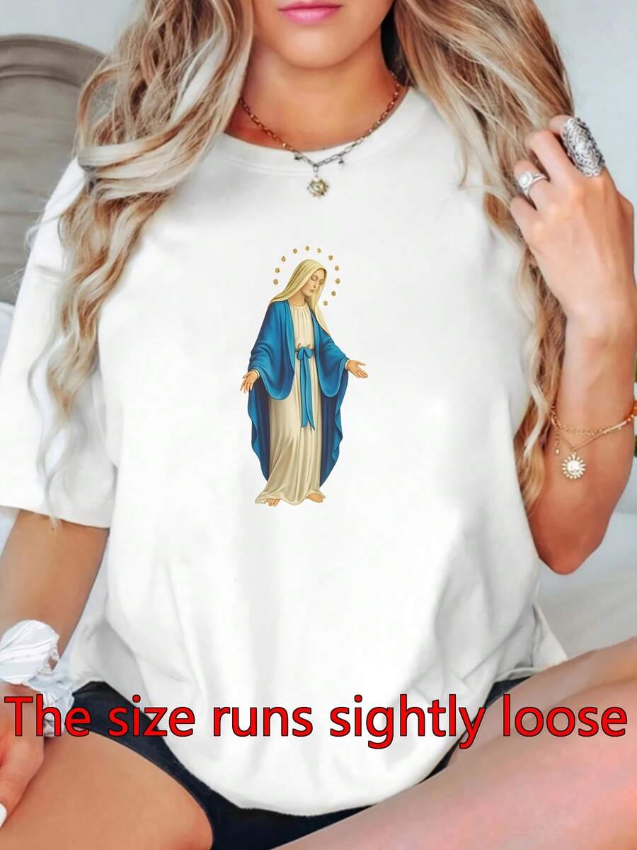 Camiseta de la Virgen María para Mujer - Manga Corta, Cuello Redondo, Estampado Religioso Católico de la Icónica Santísima Madre María con Efecto de Marco Dorado, Ropa de Fe Blanca, Ropa Casual Cómoda e Ideal para la Iglesia - Blanco - Ver 1
