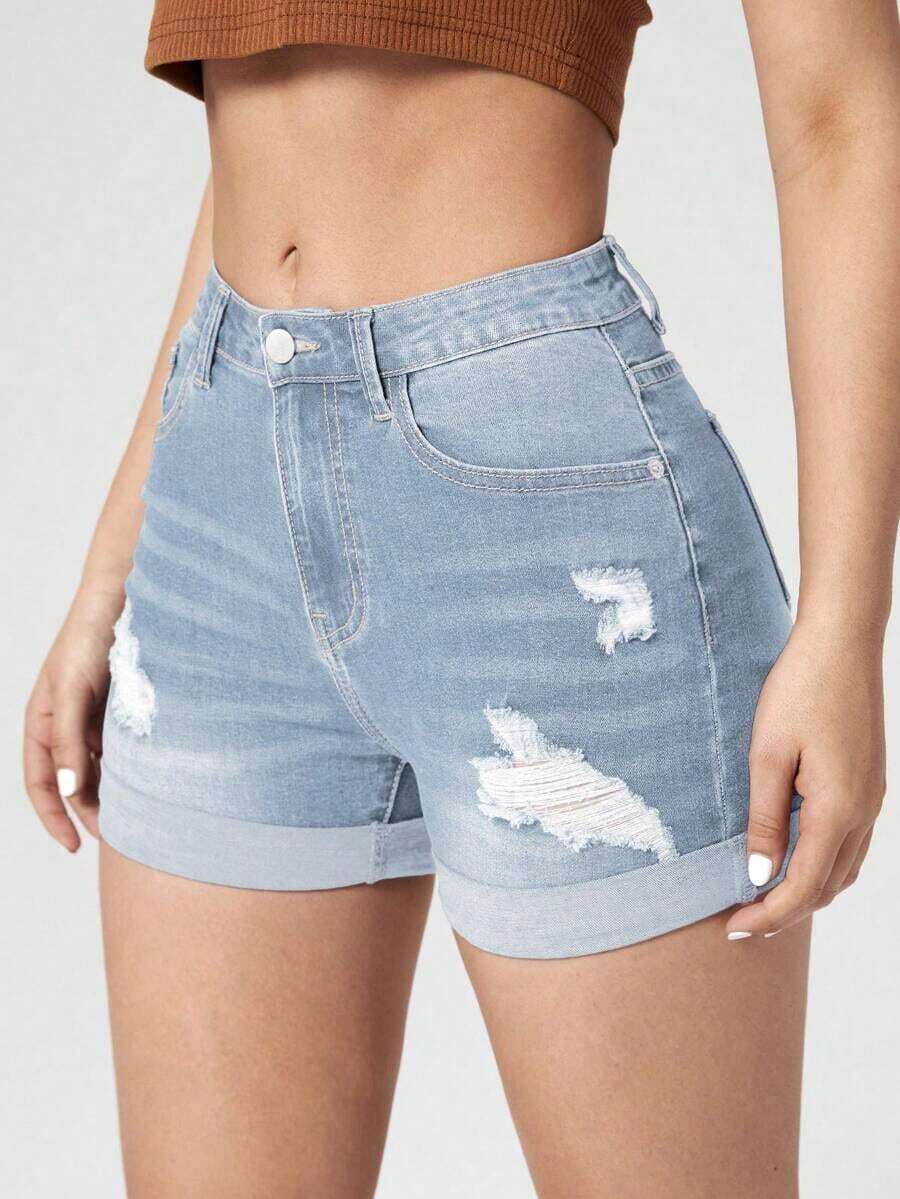 Pantalones Cortos De Mezclilla Con Borde Deshilachado - Lavado ligero - Ver 1