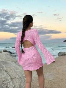 Vestido corto de punto transparente con espalda descubierta y diseño calado, para playa y vacaciones, de unicolor y manga larga, para primavera/verano - Rosa Pálido - Ver 5
