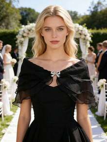 Lace Short Sleeve Shrug Elegant Beach Wedding Shawl, Bridal Shawl For Wedding Dress, Gown, Cheongsam, 3-Layer Ruffled Organza With Bow Tie, Sheer Sun Protection, Versatile For Wedding, Banquet, Party, Cosplay, Theme Events - màu đen - Xem 8