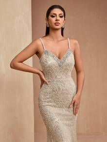 AMILUCK Luxury Women's Elegant Heavily Embellished Sequin, Sequins, Lace Spaghetti Strap Beaded Mermaid Maxi Dress With Slit Hem, Suitable For Formal Dinners, Galas, Red Carpet Events, Weddings, Cocktail Parties Party Spring - 杏色 - 查看 5