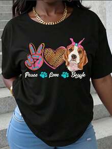 Peace Love Beagle T-Shirt Featuring A Colorful Peace Symbol, Leopard Print Heart, And An Adorable Beagle Design For Dog Lovers And Pet Owners. Perfect For Casual Wear And Dog-Themed Events. Breathable And Comfortable. - 黑色 - 查看 6