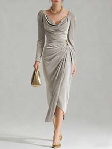 New Women's Long Dress, Made Of Shiny Velvet, Casual And Sexy Style, Long Sleeves, Pleated, Side Slit, Mermaid Cut, Flattering Design, Perfect For Parties And Special Nights - 灰色 - 查看 3