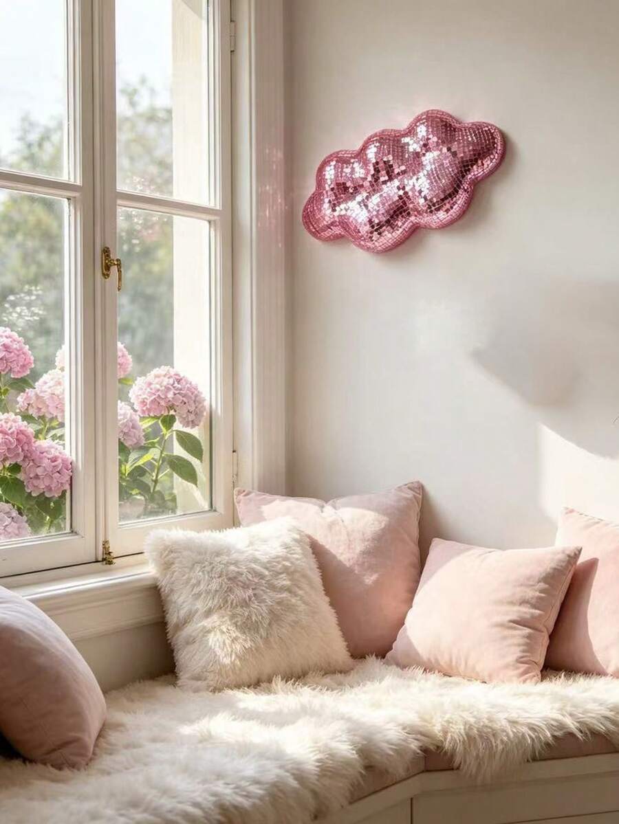 1pc Disco Mirror Cloud Wall Decor Hanging Ornament, Home Reflective Decorative Item - Pink - View 1