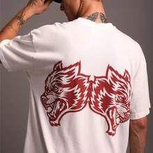 DARCSPORT Classic Wolf Head Print Short Sleeve Pure Cotton Hip Hop Loose Fit T-Shirt - Trắng và đỏ - Xem 6