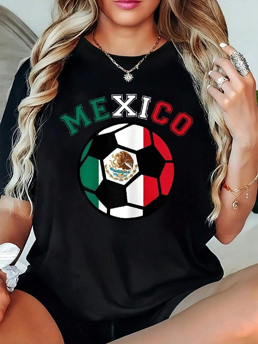 Camiseta de talla grande para mujer 2026 con divertidos estampados, camiseta gráfica de fútbol mexicano de talla grande para mujer - cuello redondo informal, tela ligeramente elástica, corte holgado para primavera/verano/otoño, adecuada para uso diario, regalos de San Valentín y Pascua. - Negro - Ver 1