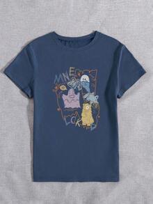 Camiseta gráfica de manga corta con cuello redondo y estampado de monstruos casual para mujer - Azul marino - Ver 4