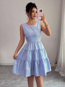 Vestido corto sin espalda con lazo y rayas, estilo francés para mujeres - Azul y blanco - Ver 4