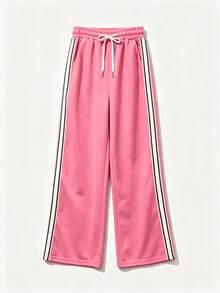 Pantalones largos con cordón y rayas laterales para mujer - Rosado Sandía - Ver 4