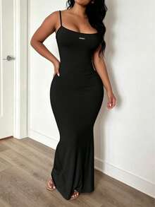 LovelyWholesale Women's Adjustable Solid Color Bodycon Long Dress Summer Clothes For Women Elegant - Black - View 2