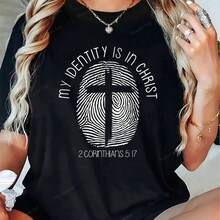 Christian Faith Women's T-Shirt - 2 Cclothesinthians 5:17 Verse & Christ's Footprint Clothes, Round Neck Casual White, Comfclothestable And Breathable Religious Summer Wear, Medium Elastic Fit, Clotheshine Washable, Spiritual Fashion, Faith-Inspired Daily Wear - 黑色 - 查看 1