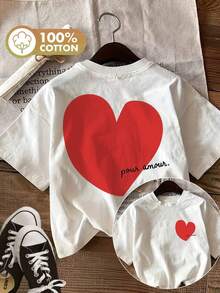 [Impresión a Doble Cara] Camiseta de Mujer para Primavera/Verano, Casual y a la Moda, con Estampado de Corazón Rojo Pintado a Mano, Cuello Redondo, Manga Corta, 100% Algodón - Blanco - Ver 1