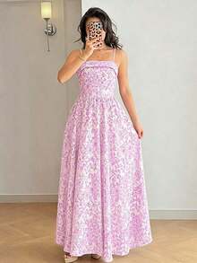 Vestido casual largo con estampado floral de porcelana azul y blanco, con tirantes finos y espalda descubierta que cintura la cintura, elegante para primavera/verano y vacaciones - Púrpura malva - Ver 5