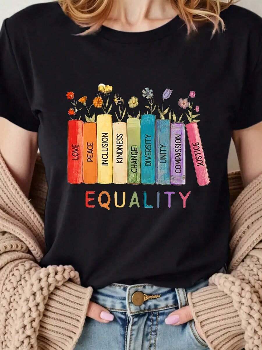 Women's Rainbow And Floral Graphic T-Shirt - Equality Theme "LOVE, PEACE, INCLUSION, KNOWLEDGE, CHANGE, DIVERSITY, COMPASSION, JUSTICE", Soft And Comfortable Casual T-Shirt For All Seasons, With Colorful Text And Floral Design, Perfect For Casual Outfits Or Special Occasions, Ladies' T-Shirts - 黑色 - 查看 1