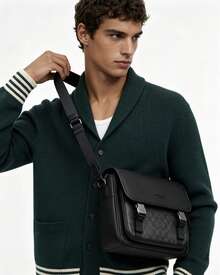 Coach RACER 28 Men's Messenger Bag with Adjustable Logo Strap Vegan Leather Crossbody Bag Camera Bag Small Traveling Pouch - 黑色 - 查看 3