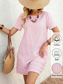 Vestido casual recto de unicolor, cuello redondo, manga corta para mujer, de verano - Rosa - Ver 5