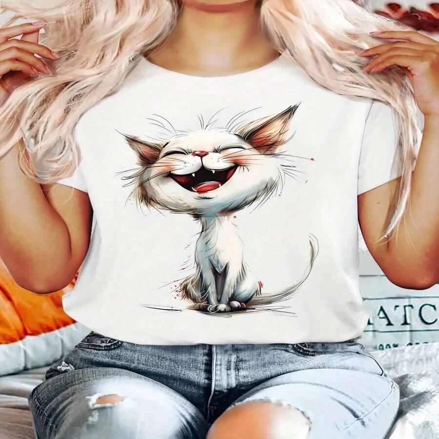 Women's Cute Laughing Cat Print Short Sleeve Cotton T-Shirt, Casual Round Neck Regular Fit Top, High Stretch Fabric for Everyday Fashion - Blanco - Ver 1