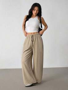 Pantalones casuales anchos de pierna ancha con cintura de corbata y rayas para mujer - Caqui - Ver 5