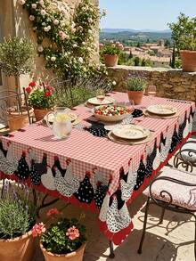 1 pieza Mantel de mesa con estampado de pollo a cuadros rojos, estilo rústico de granja y país, de poliéster ovalado con patrón de gallo y gallina blanco y negro, mantel a cuadros para picnic, mantel decorativo para comedor - Multicolor - Ver 6