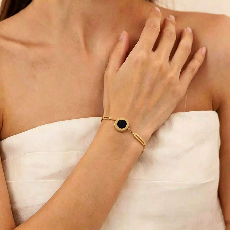 1 pieza Brazalete de mujer reversible de acero inoxidable con números romanos, de moda versátil, antidecoloración, hipoalergénico - Amarillo Oro - Ver 1