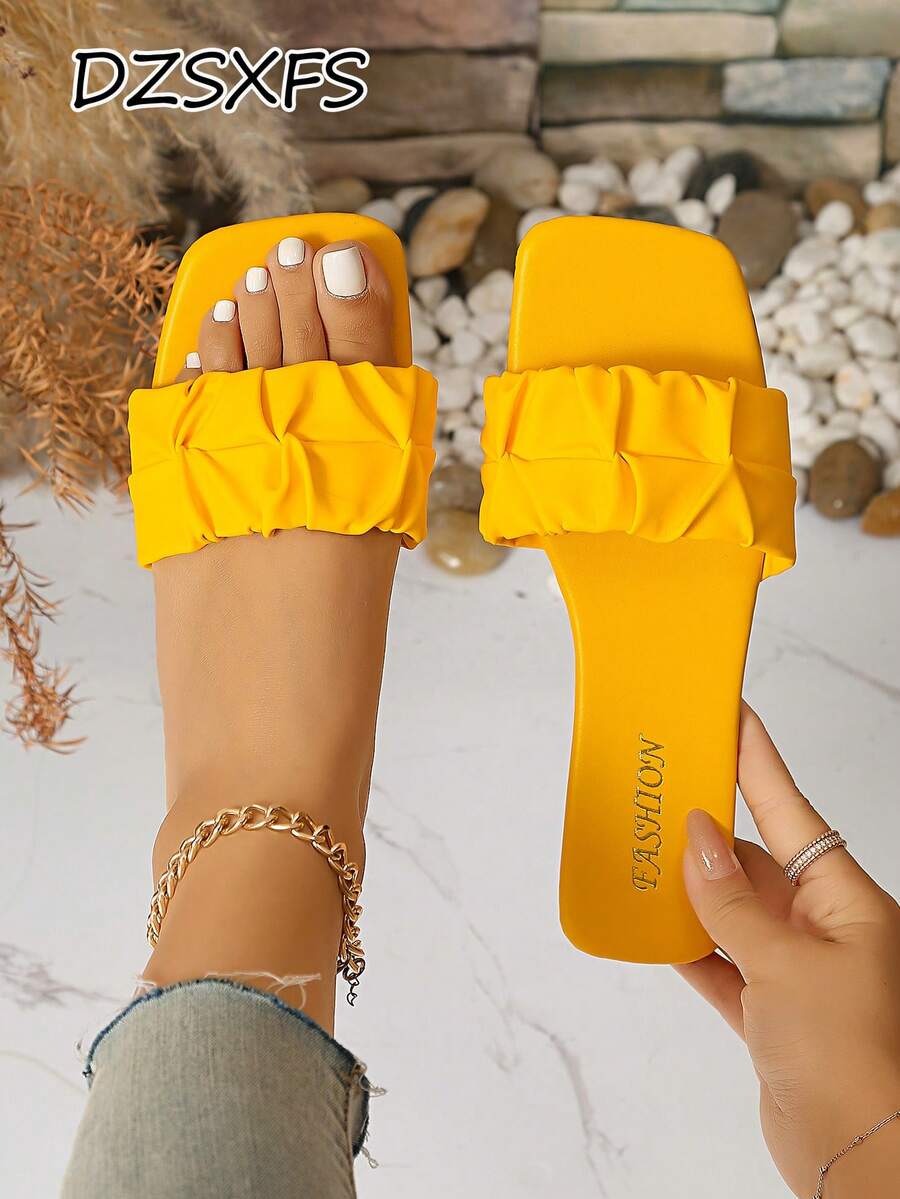 New Ruched Lace Square Toe Slide Sandals, Casual Vacation Style Flat Sandals, Fashionable Square Toe Slides For Vacation Season, Versatile Flat Slides In Fresh Colors