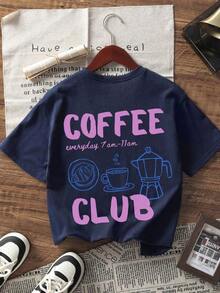 Camiseta blanca de manga corta de estilo casual con cuello redondo y estampado de texto en inglés y café, una prenda versátil y a la moda para el verano. - Albaricoque - Ver 11