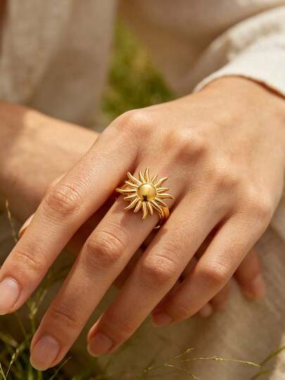 Anneaux ouverts en forme de soleil en acier inoxydable pour femmes, couleur or vintage, fleur de tournesol réglable, accessoires de bijoux