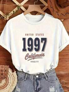 Camisetas de manga corta de cuello redondo estilo retro de una sola pieza para mujer en tallas grandes, con letras y números, holgadas y a la moda, 180g 100% algodón, estilo casual para mujer. - Blanco - Ver 2